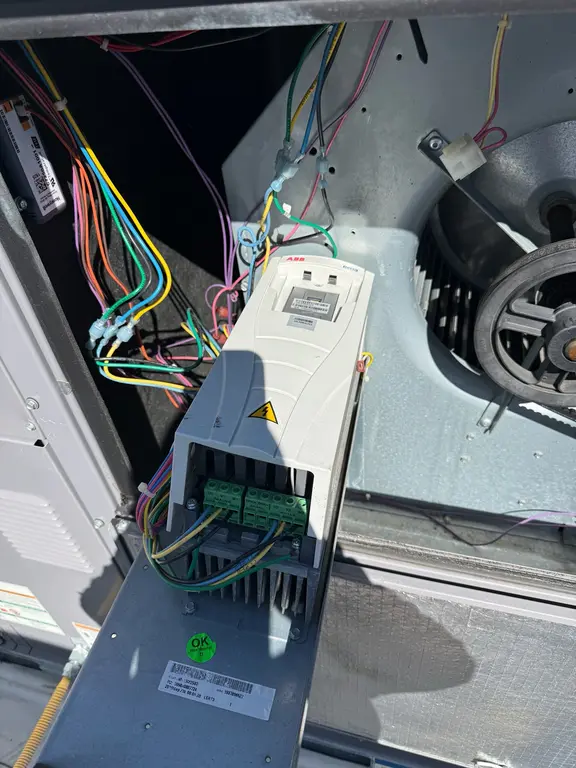 ABB variable frequency drive installed in RTU with wiring connections