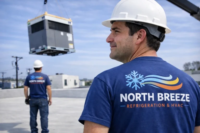 North Breeze team performing rooftop HVAC unit installation