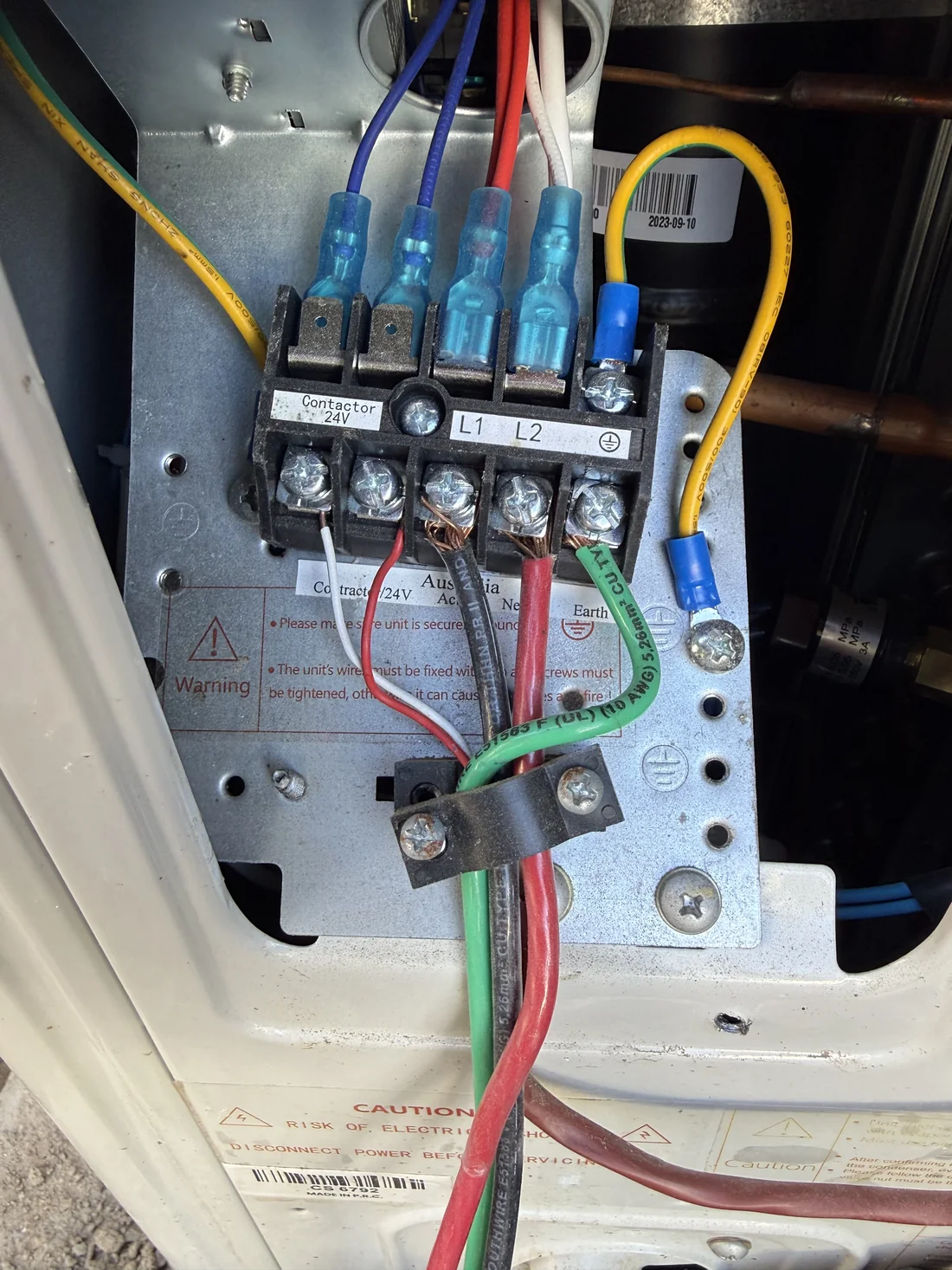WhisperKOOL CellarCool electrical compartment showing original contactor wiring during inspection